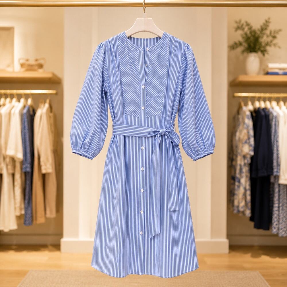 J.McLaughlin Korinne Dress Size S NWT Blue White Stripe Cotton Belted Shirtdress